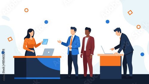 Business meeting with diverse team collaborating on projects at office desks, promoting teamwork and professional development