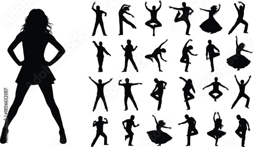 Black dancing people silhouettes set, diverse group of active men and women dancers, vector collection for party and music design,