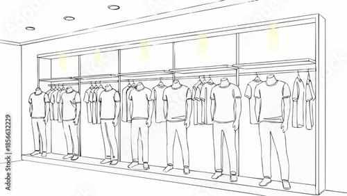 Mannequins Displaying T Shirts In A Retail Store Sketch.