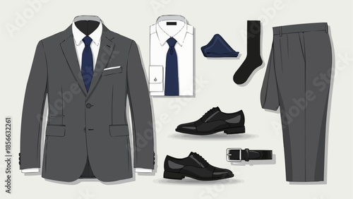 Mens Formal Business Suit Outfit Flat Lay Illustration.