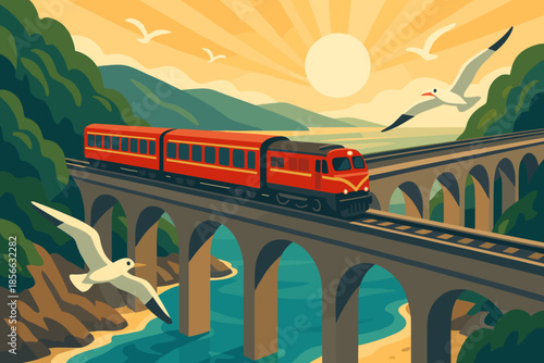 Train crosses a bridge during sunset with birds in the sky and mountains in the background
