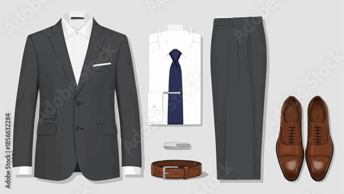 Mens Formal Grey Suit Outfit With Accessories Laid Flat.