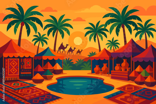 Desert landscape with tents and camels during sunset in warm colors with palm trees