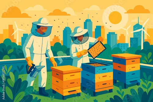 Urban beekeepers working together on a rooftop garden in a city during sunny weather