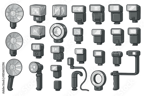 Different types of camera flash equipment displayed in a simple layout showing various shapes and designs for photography use
