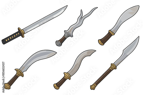Various types of swords displayed on a plain background showcasing distinct designs and shapes for use in games or illustrations