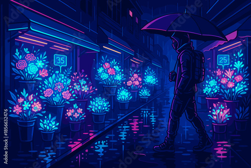Man walks under an umbrella in a brightly lit street with colorful flowers at night during rainy weather