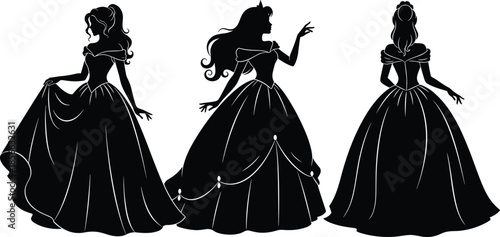 Black princess silhouettes set, elegant girl in ball gown dress vector, fairytale queen profile for wedding and  