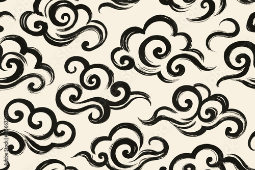 Swirling black clouds on a light background show a unique pattern with flowing shapes and lines