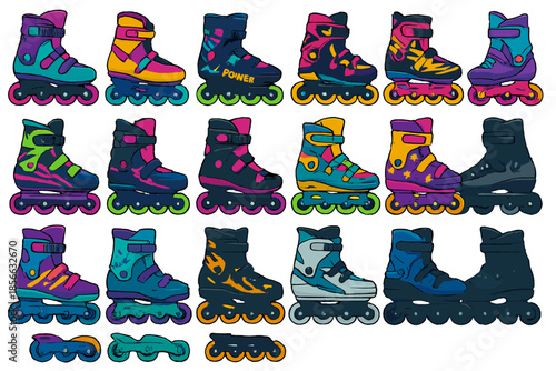 Different styles of roller skates arranged in a grid showing various colors and designs for skating activities