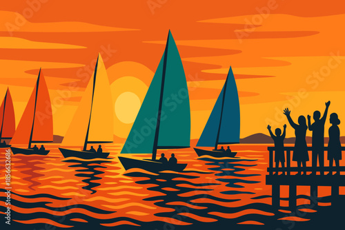 Sailboats and people on dock during sunset at the water in a vibrant scene with colorful sails and orange sky