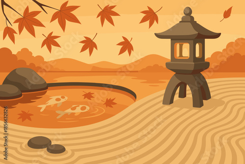 Water garden scene with koi fish and lantern during autumn sunset in a peaceful setting