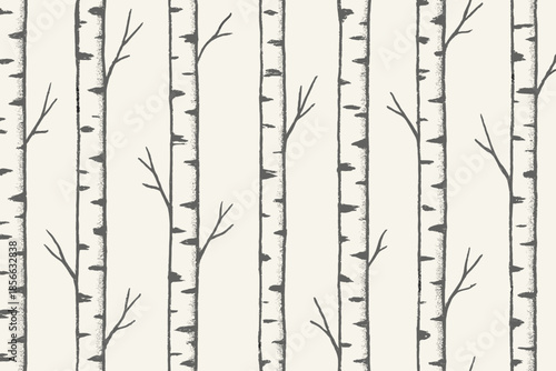 Pattern of birch tree trunks in a simple design on light background with branches showing