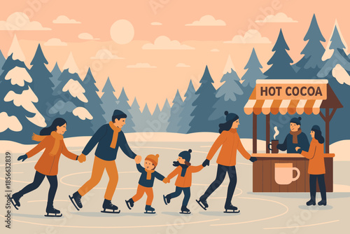Family enjoys ice skating and hot cocoa at a winter outdoor rink with trees in the background during a sunny day