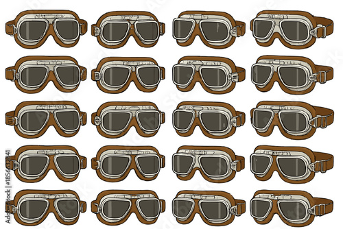 Collection of brown strap goggles with shaded lenses displayed in a grid pattern on a white background