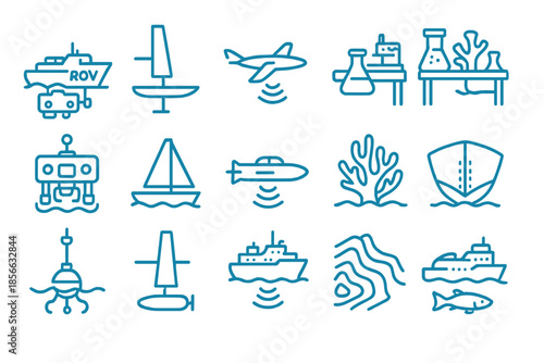 Icons representing marine research tools and activities with boats, planes, and underwater elements in simple designs