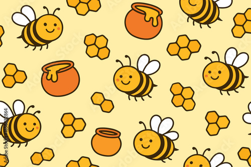 Bees collecting honey in a cheerful pattern with honey pots and hexagons on a light background