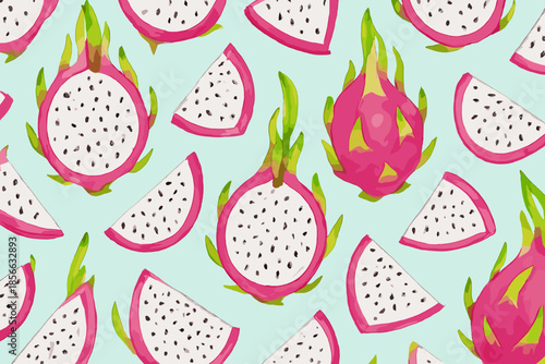 Dragon fruit pattern on a light blue background featuring sliced and whole fruits with green leaves