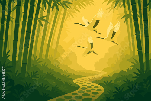 Crane birds fly over a winding path through bamboo trees in a bright green landscape during daylight hours
