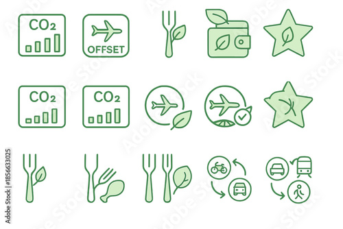 Icons showing different activities related to carbon offsetting, travel, and sustainable choices in green design