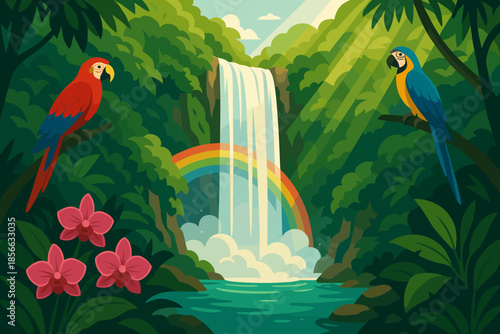 Colorful birds and a waterfall in a jungle with a rainbow in the background near a river with flowers