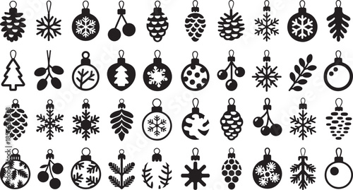 Christmas tree ornaments and decorations in black on white background