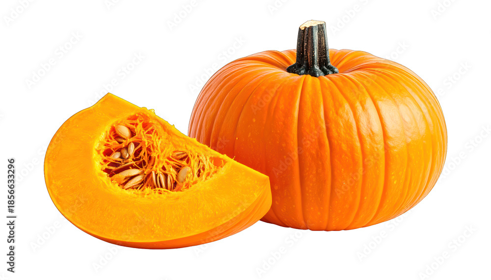 Obraz premium A whole pumpkin with a slice beside it, showing seeds and bright orange flesh