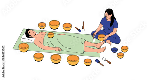 Professional practitioner performing a sound healing therapy session on a man lying down using Tibetan singing bowls and mallets.
