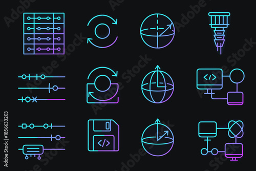 Shapes and icons representing technology concepts and tools for design and programming on a dark background