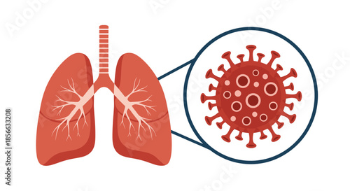 Medical illustration of human lungs with a magnifying circle highlighting a red coronavirus particle to show respiratory infection.
