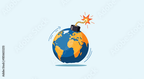 Conceptual illustration of the Earth planet depicted as a ticking bomb with a lit burning fuse to represent environmental crisis.