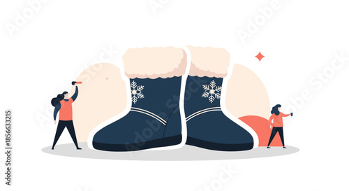Tiny people cleaning and inspecting a pair of massive blue winter boots decorated with white snowflakes and fur trim.