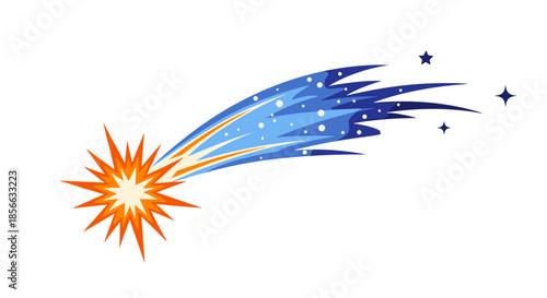 Vibrant blue and orange comet with a long tail streaking across the night sky among small white stars and dark space.