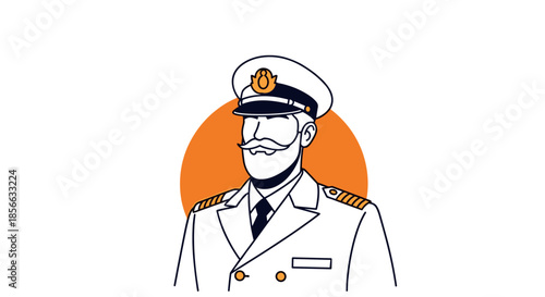 Portrait of a bearded ship captain in a white uniform and officer's cap standing in front of an orange circular background.