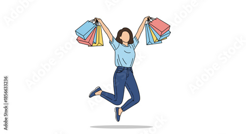Excited young woman jumping high in the air with multiple colorful shopping bags celebrating a successful retail therapy day.