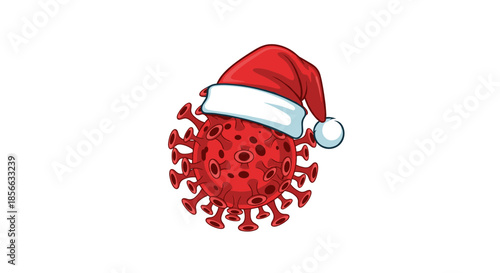Red coronavirus particle wearing a festive red and white Santa Claus hat as a symbol of the pandemic during the holiday season.