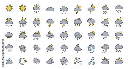 Comprehensive collection of diverse weather icons depicting sun, clouds, rain, snow, storms, moon, and temperature for forecasting.