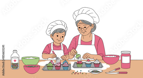 Kind grandmother and her young grandson wearing chef hats while happily decorating colorful cupcakes with frosting and sprinkles in the kitchen.