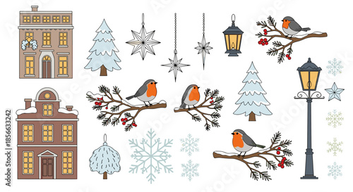 Nostalgic winter collection featuring snow-covered houses, robins on branches, streetlamps, stars, and snowflakes for a cozy holiday theme.