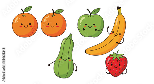 Adorable set of cartoon fruits and vegetables including orange, apple, banana, zucchini, and strawberry with cute smiling faces.