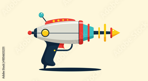 Colorful retro science fiction ray gun or space blaster toy with rings and buttons for a nostalgic galactic adventure.