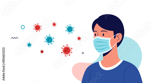 Young man wearing a blue medical face mask protected from various virus particles floating in the air for public health and safety.