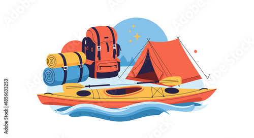 Outdoor adventure camping kit featuring a red tent, yellow kayak, orange backpack, and blue sleeping gear in flat style.