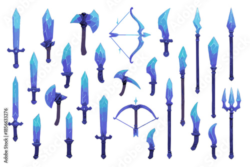 Collection of fantasy weapons displayed on a white background with various shapes and designs