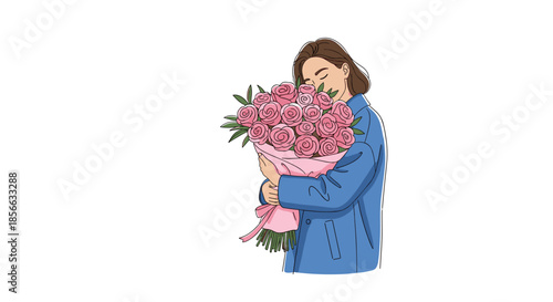 Happy young woman in a blue coat holding and smelling a large bouquet of pink roses representing gratitude and romantic celebration.