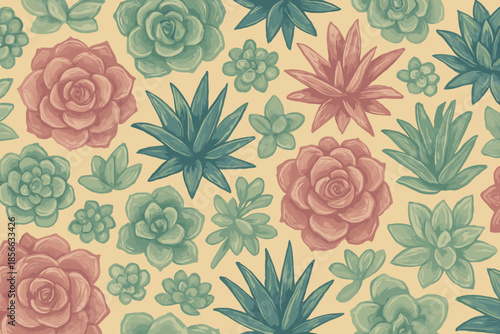Floral design featuring various succulents on a light background in a repeating pattern showcasing different shapes and sizes