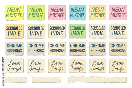Different colored squares with text that shows music genres and themes in a simple layout on a flat surface
