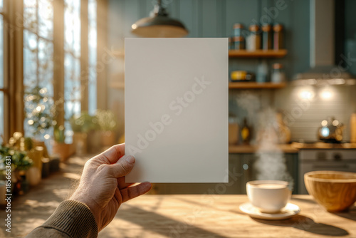 Blank white wall poster in sunlit modern kitchen with gentle steam haze