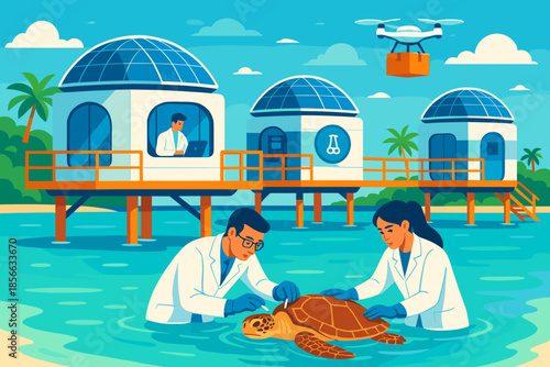 Scientists check health of sea turtle near research facility on water during sunny day with drone delivering supplies