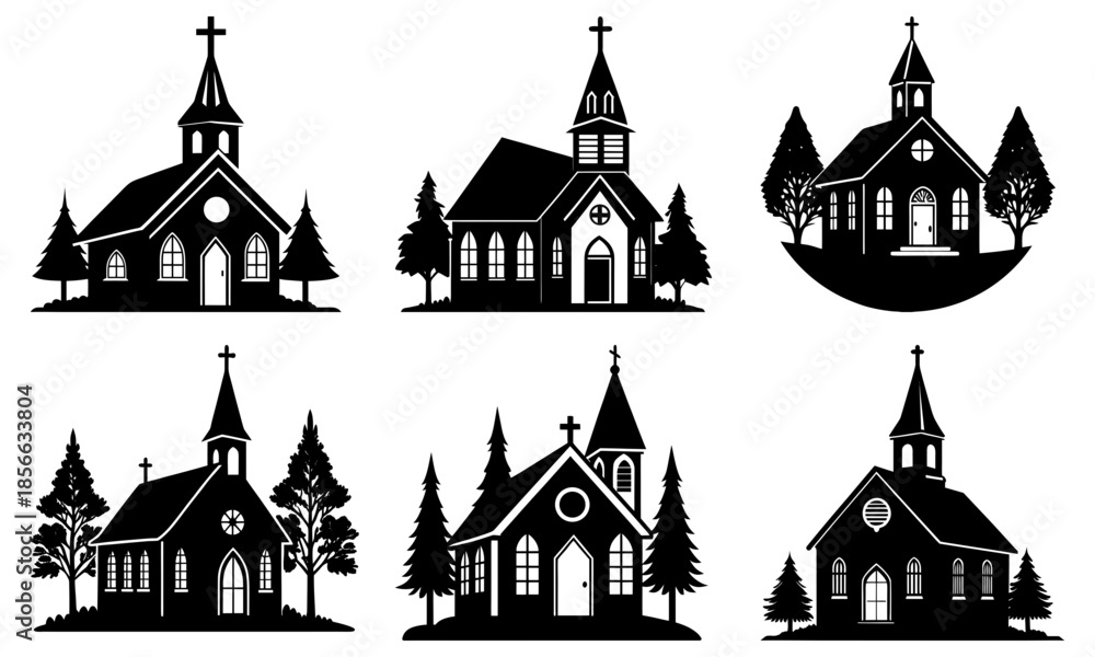 Fototapeta premium Six black and white church silhouettes with trees on a white background religious building